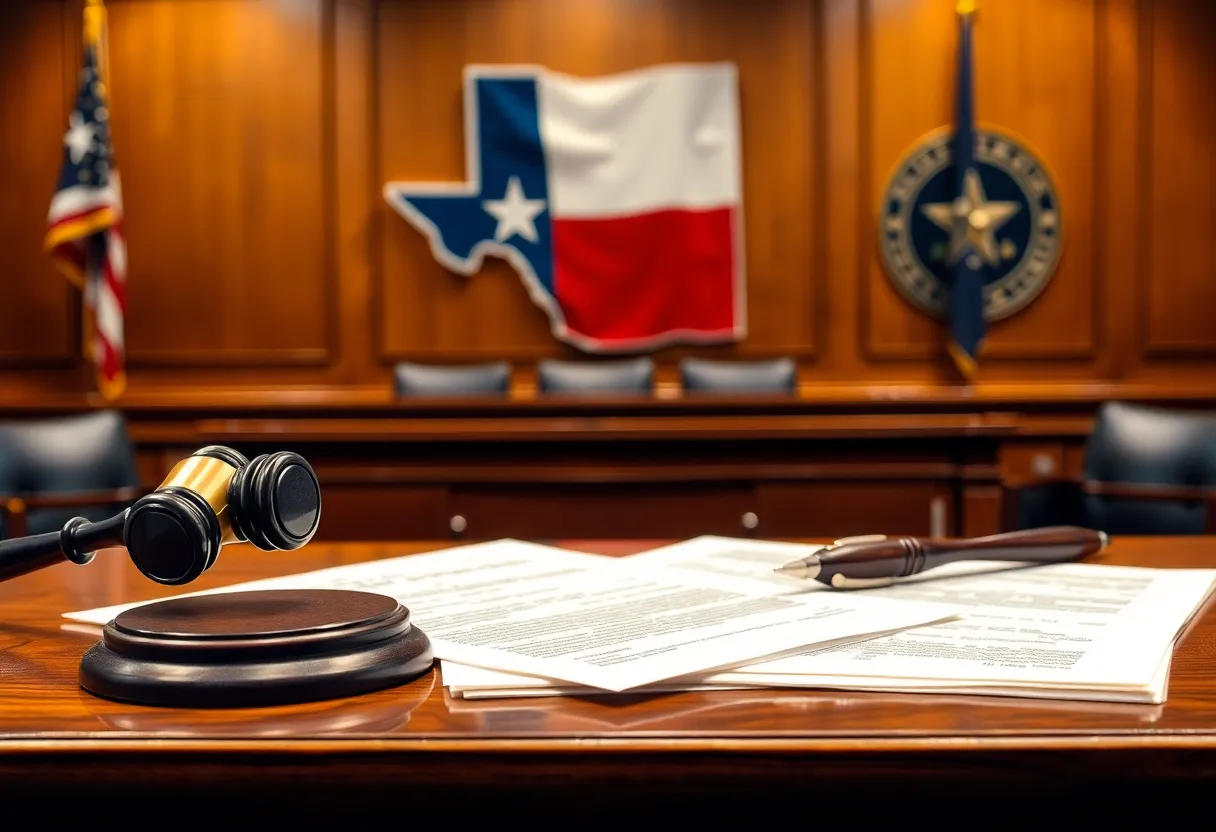 Image representing a Texas courtroom with legal documents