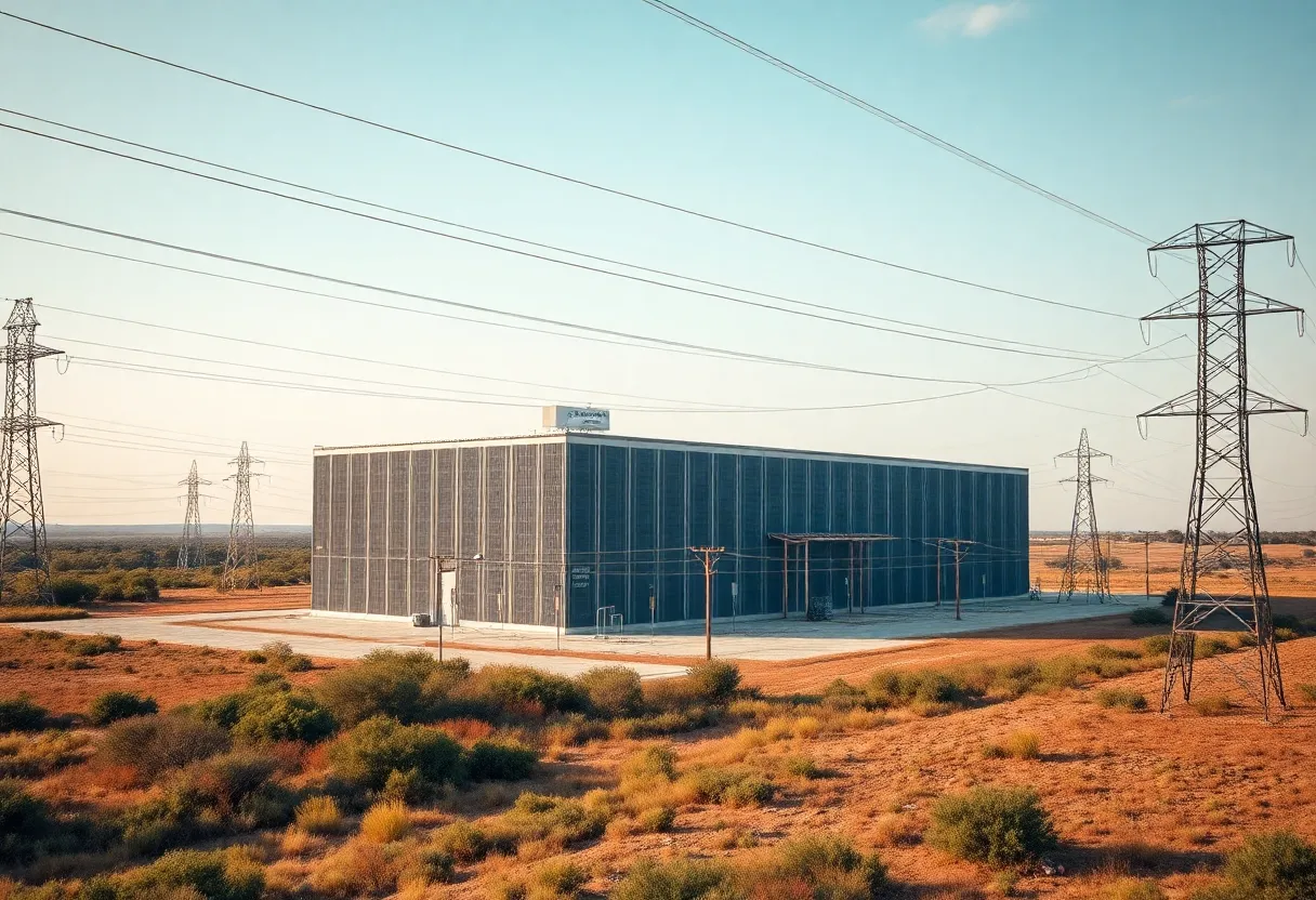 Data center in Texas with power lines symbolizing energy demand