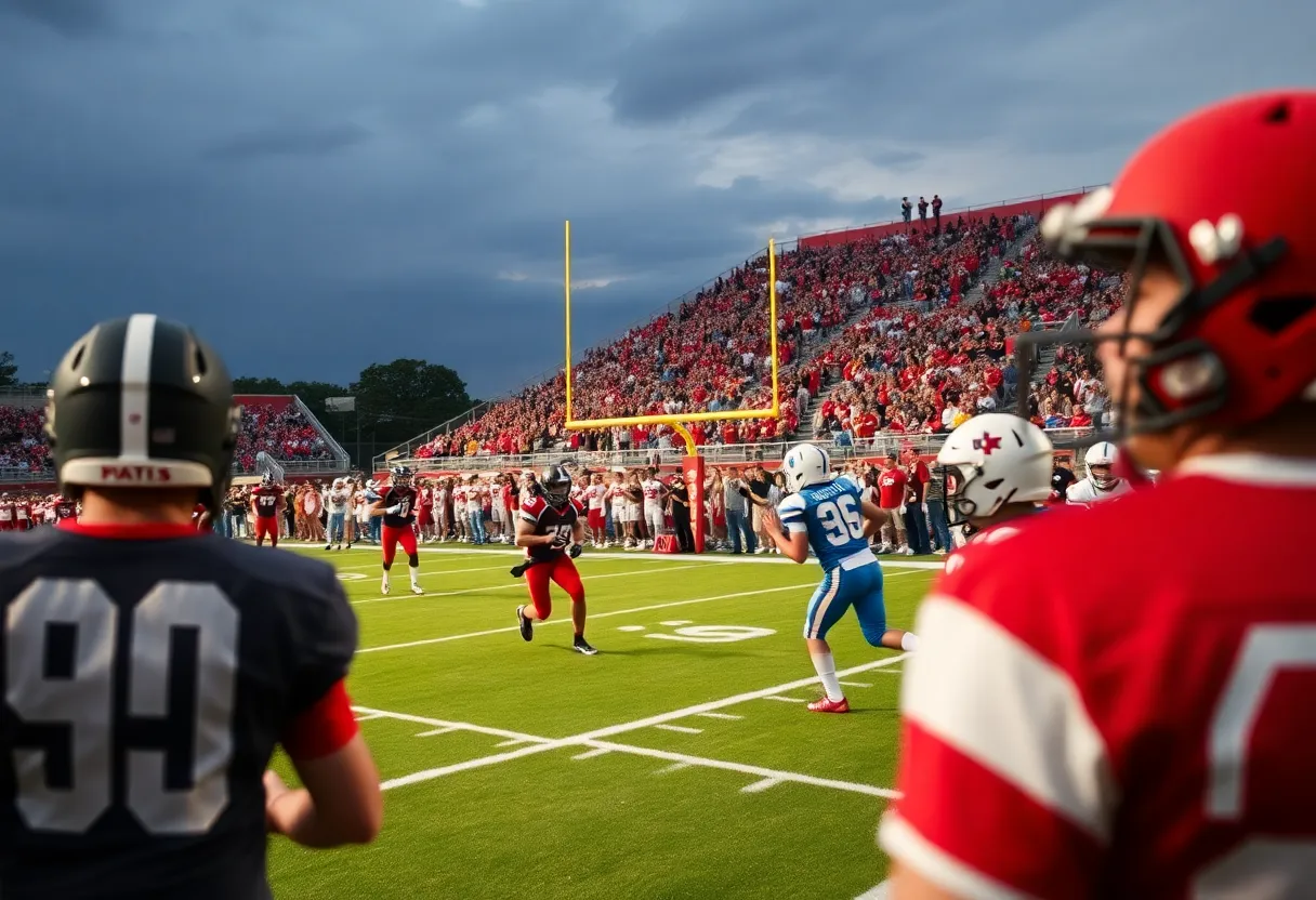 Action from a Texas high school football playoff game with players in motion and cheering fans.