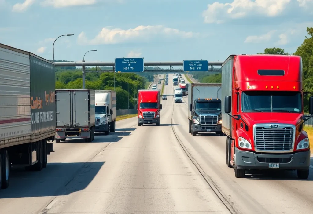 A highway in Texas filled with commercial vehicles emphasizing road safety and compliance.