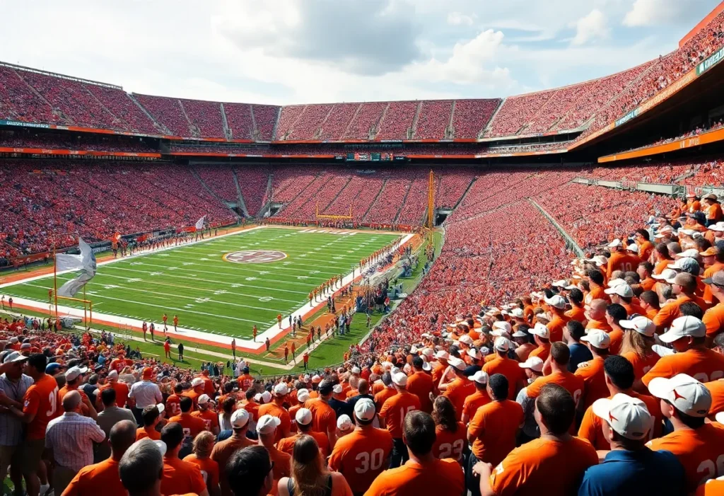 Fans cheering at a Texas Longhorns football game
