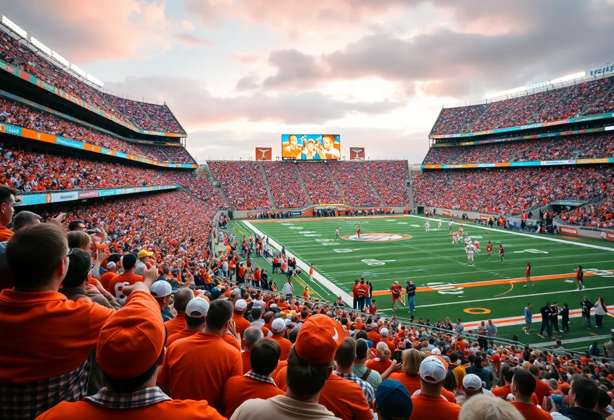 Fans cheering at a Texas Longhorns football game