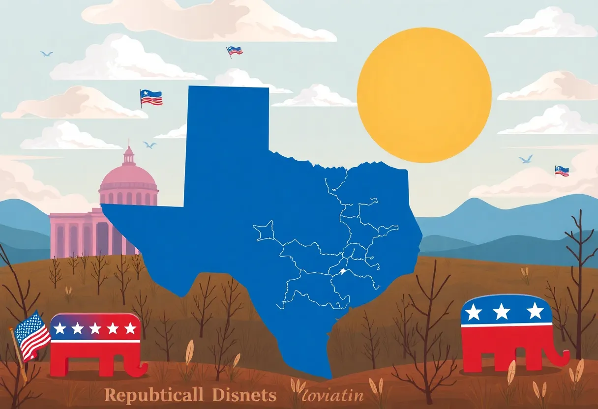 Illustration of the Texas political landscape with a focus on the Senate and House districts.