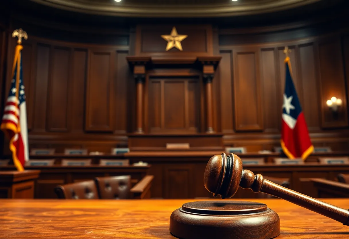 Courtroom featuring Texas flags and legislative symbols representing the ongoing political battle