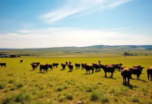 A picturesque Texas ranch with cattle grazing under a blue sky