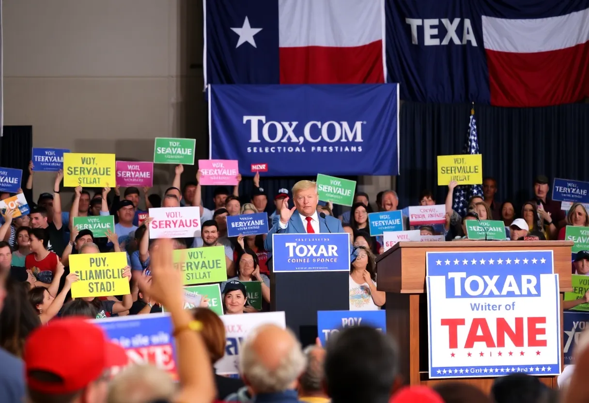 Political rally scene in Texas with banners and enthusiastic crowd