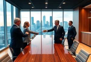 Representatives from stock exchanges shaking hands in a meeting room.