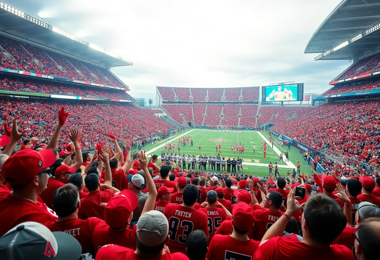 Texas Tech fans celebrating their team's championship victory at AT&T Stadium.