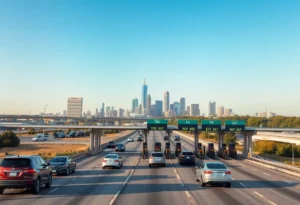 A busy toll road in Texas with vehicles passing through toll booths.