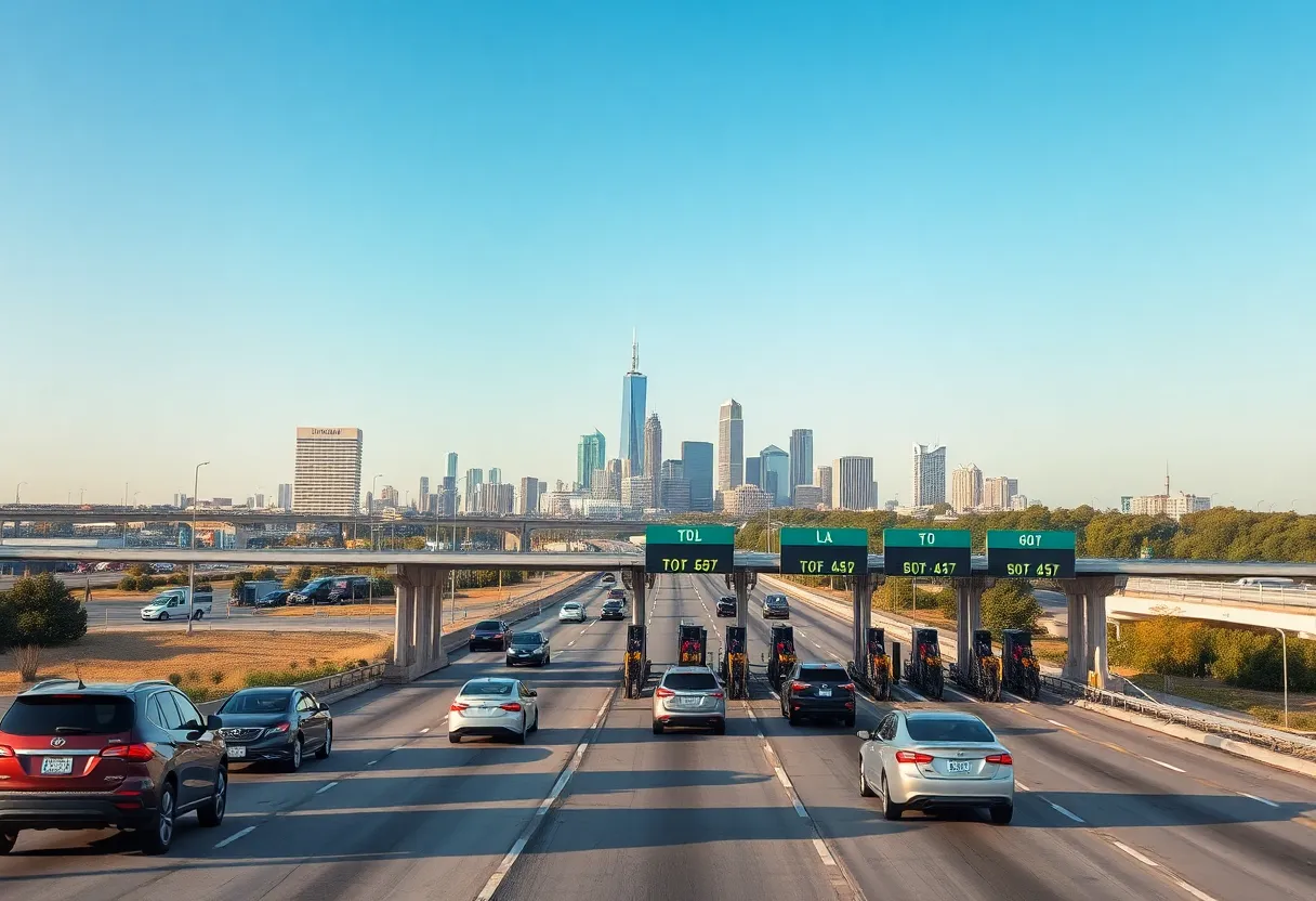 A busy toll road in Texas with vehicles passing through toll booths.