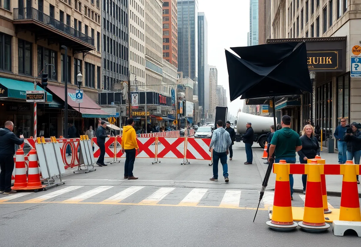 Crew filming The Madison series on a closed street in Dallas
