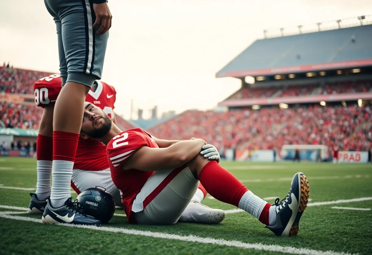 A football player undergoing rehabilitation from an injury surrounded by supportive teammates.