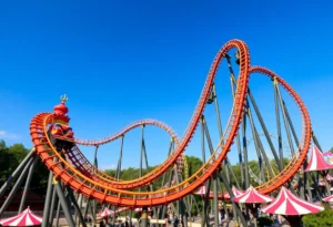 Construction of the Tormenta Rampaging Run dive coaster at Six Flags Over Texas.
