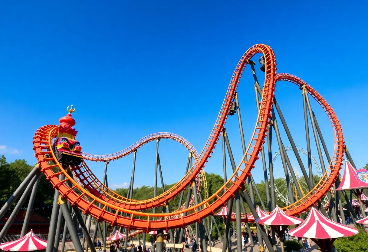 Construction of the Tormenta Rampaging Run dive coaster at Six Flags Over Texas.
