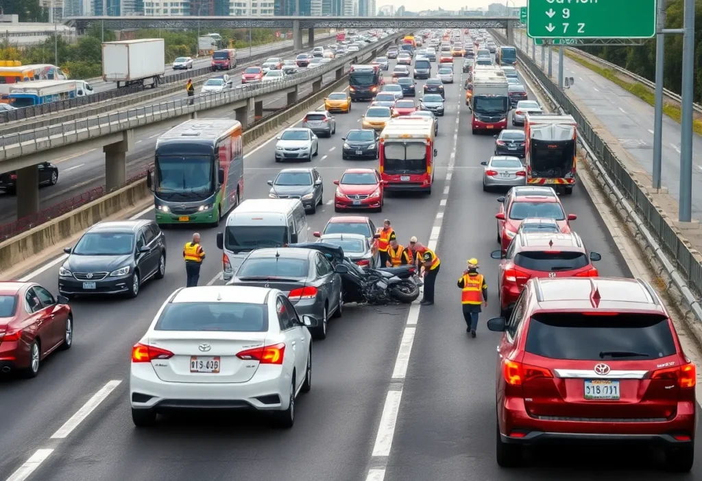 Traffic accident scene on I-635 with emergency services responding