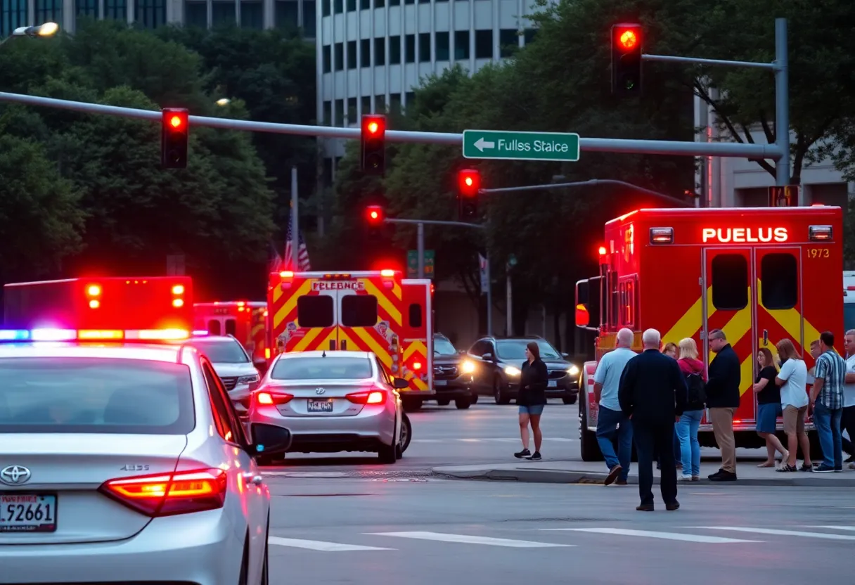 Emergency response at N Griffin St and Ross Ave after a traffic collision