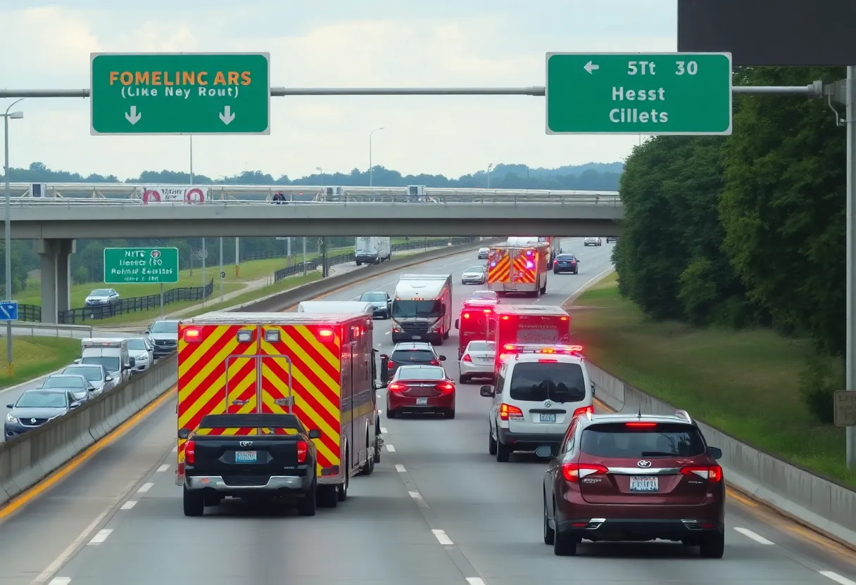 Emergency vehicles at a traffic accident scene on Interstate 30