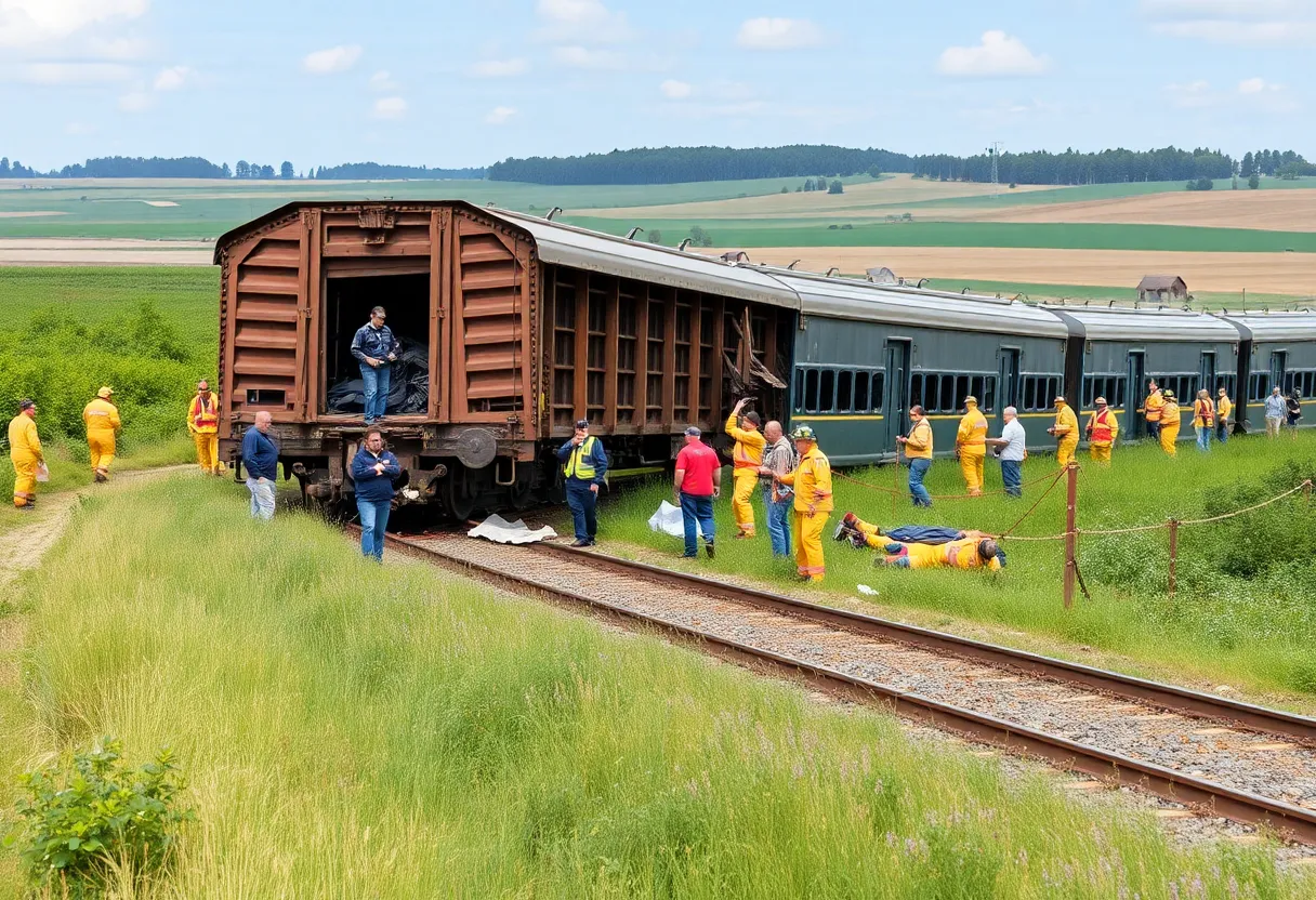 Emergency responders at the site of the train derailment in Oaxaca