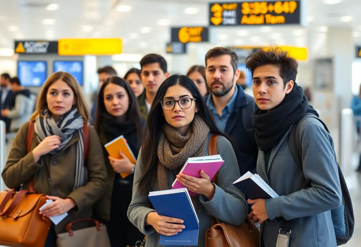 A group of travelers expressing concern at an airport security checkpoint.
