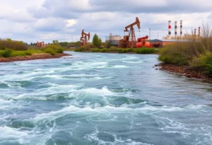River scene with treated wastewater discharge from oil production