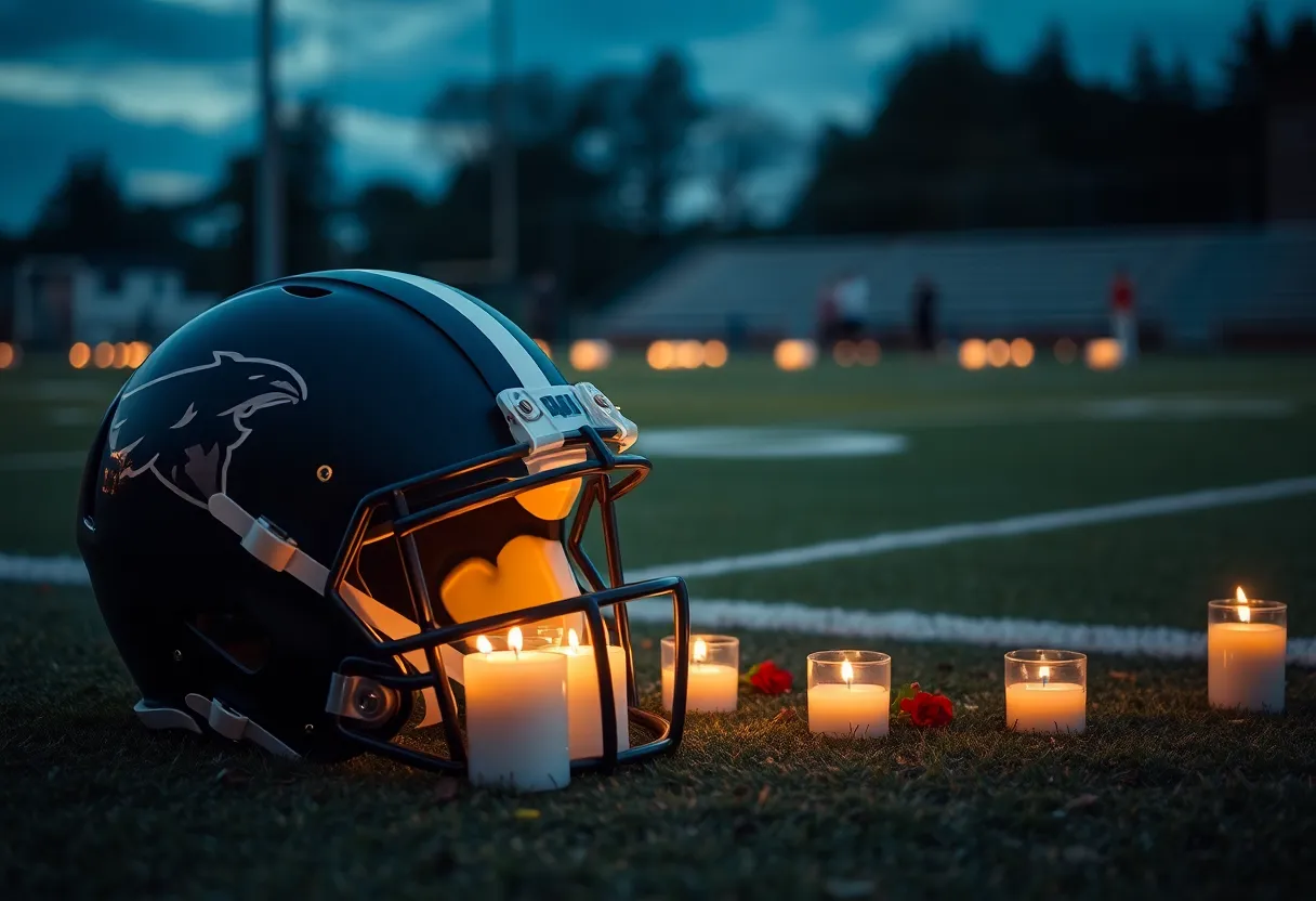 Tribute to a fallen athlete on a football field.
