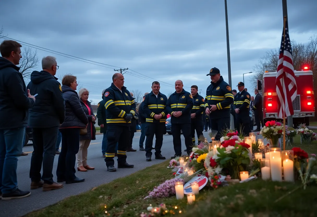 Roadside memorial for Deputy Chief Cooley with flowers and candles