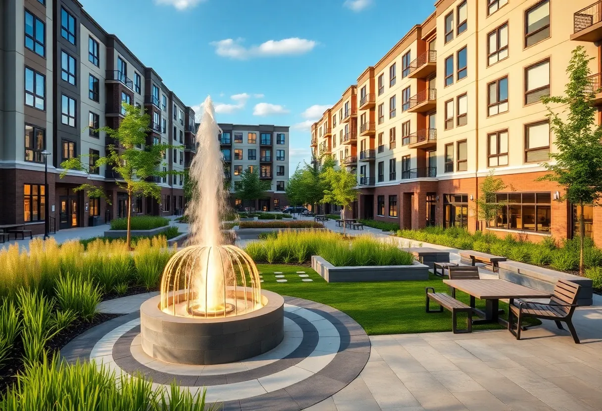 Mixed-use development at Trinity Mills Station with apartments and greenspace