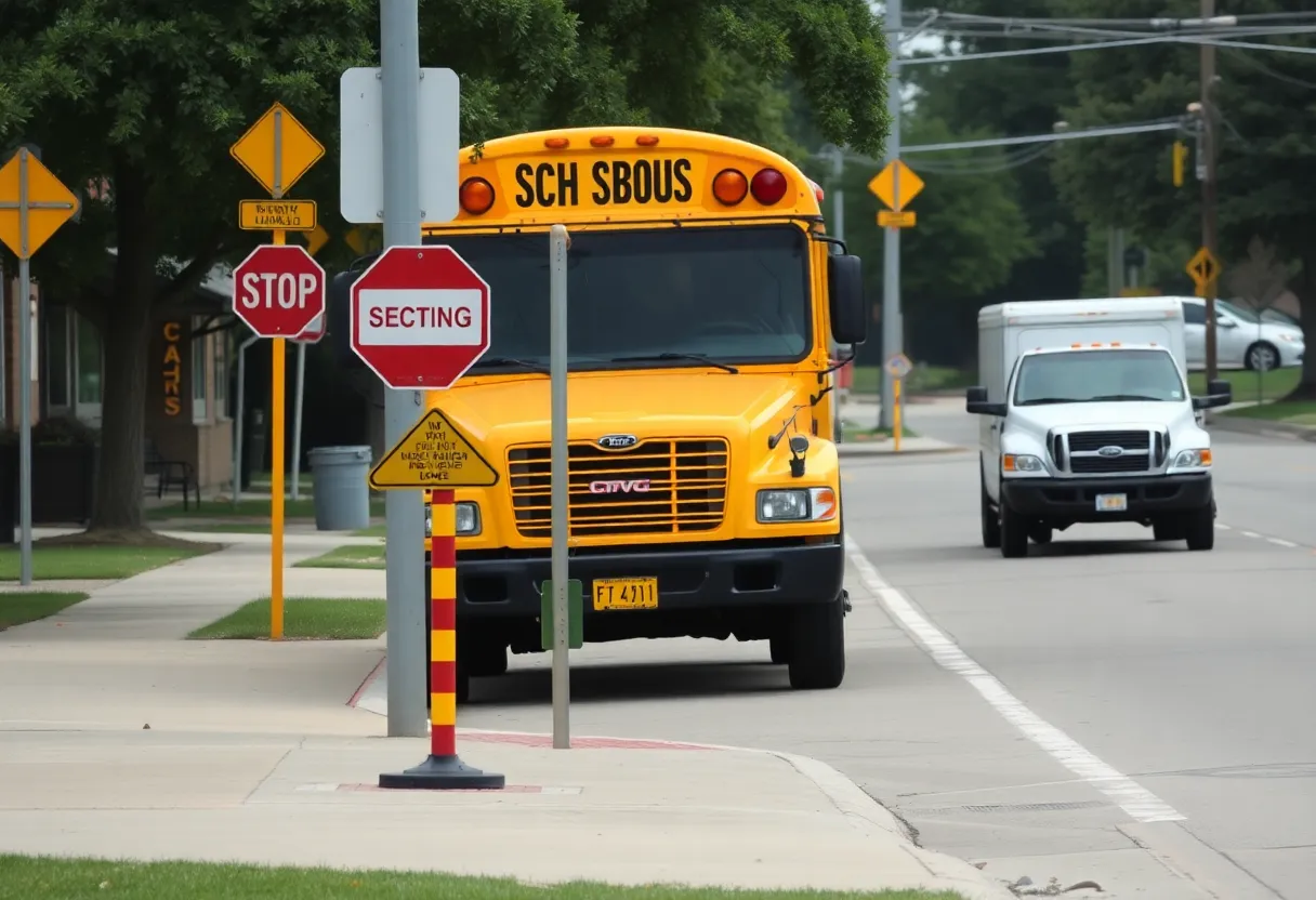 Scene depicting a school bus stop with caution signs in Plano, Texas.