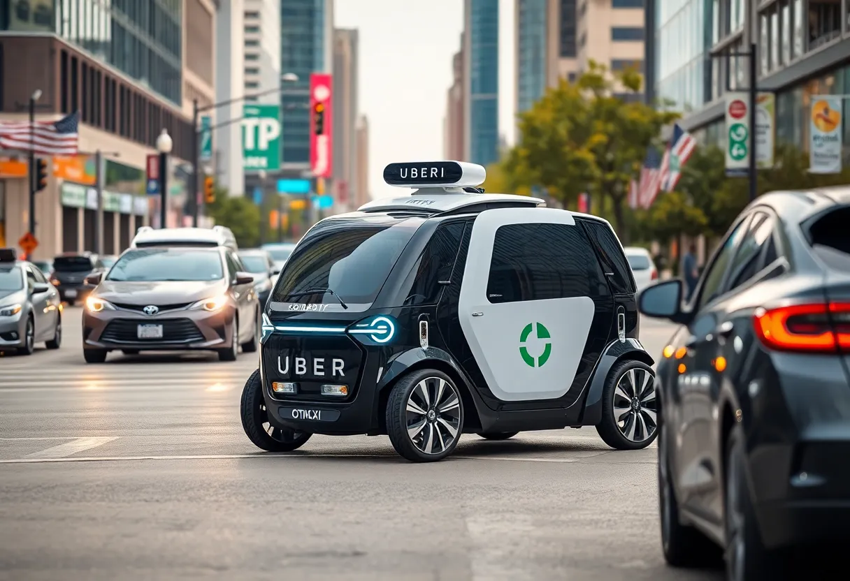 An Uber robotaxi driving through Dallas streets