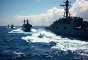 U.S. Navy ships conducting operations at sea against drug cartels