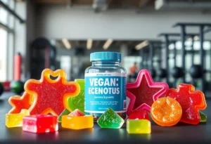 Vegan creatine gummy supplements displayed in a gym setting