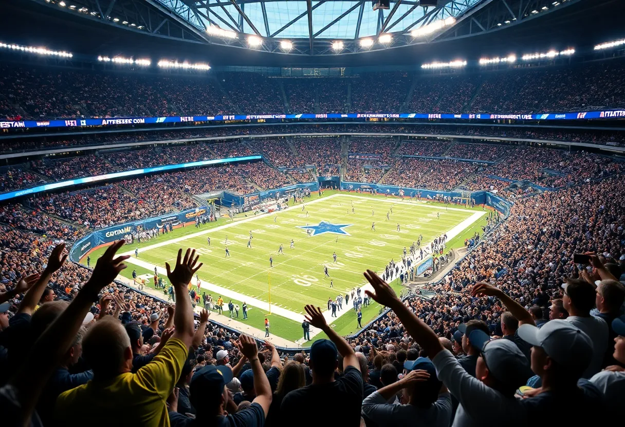 Intense football match between Vikings and Cowboys at AT&T Stadium.