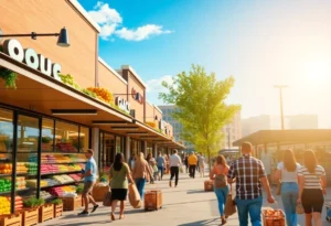 Exterior view of Village at Blanco retail center in San Antonio with shoppers and anchor stores H-E-B Plus and Lowe's.