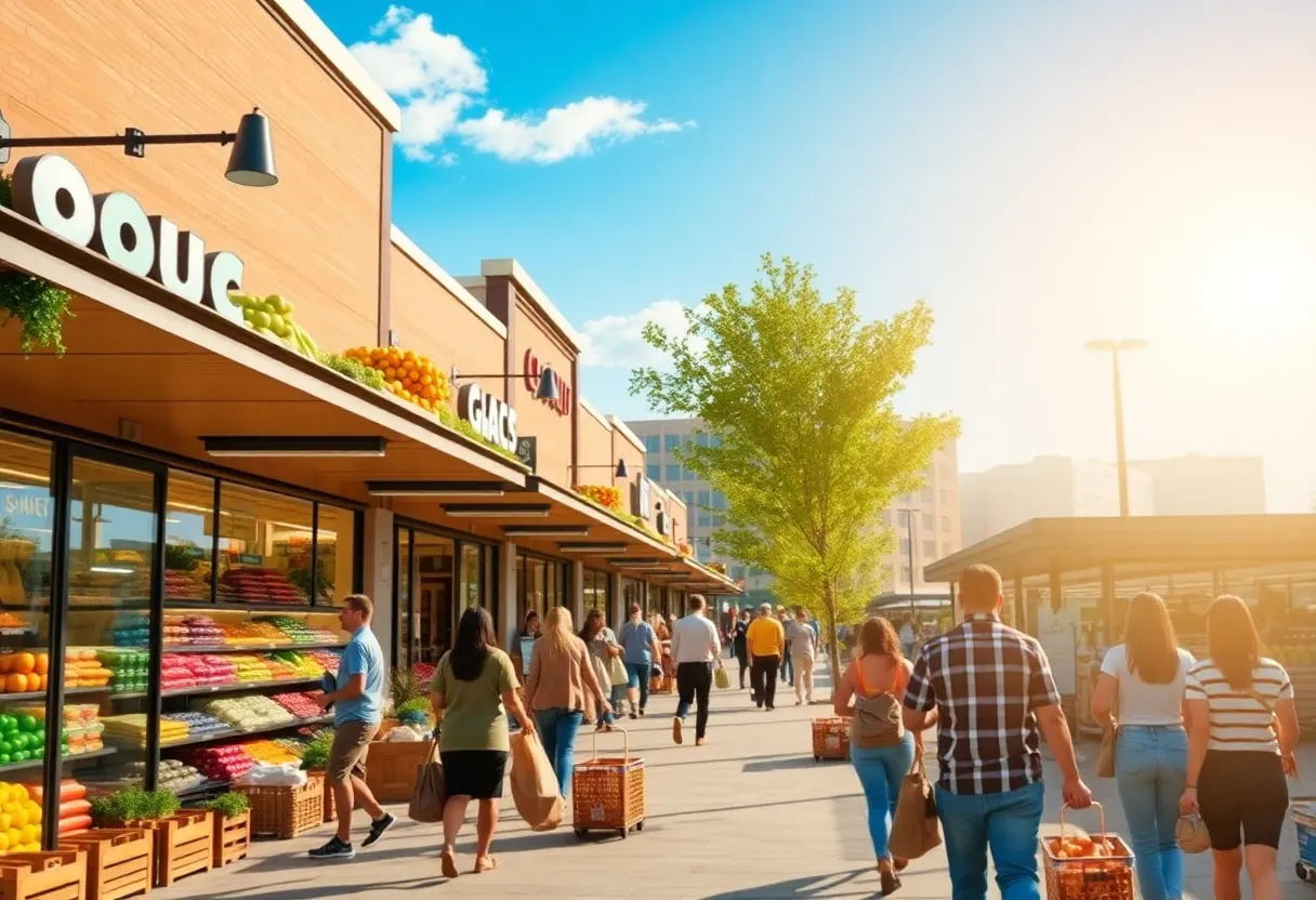 Exterior view of Village at Blanco retail center in San Antonio with shoppers and anchor stores H-E-B Plus and Lowe's.