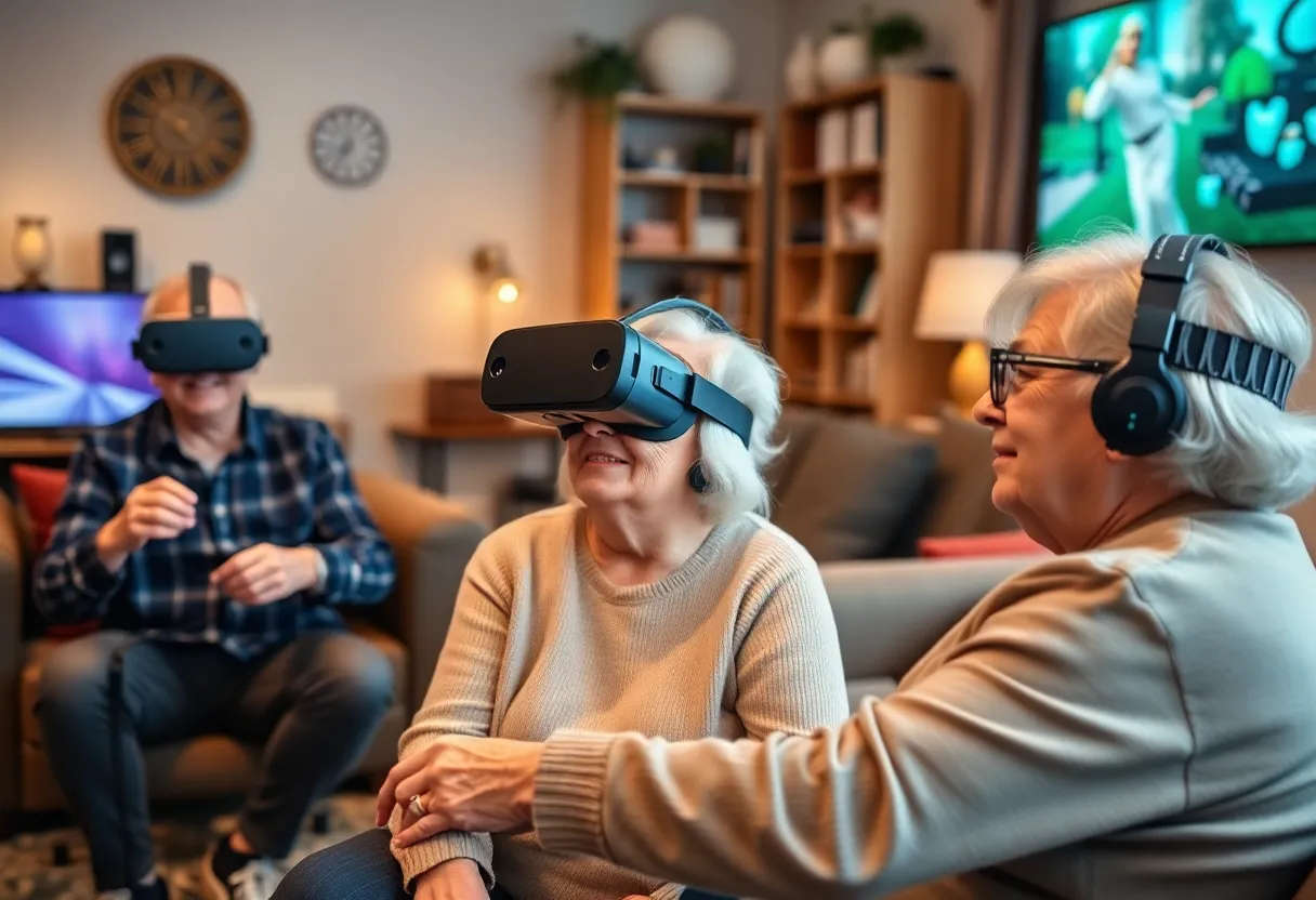 Seniors engaging in a virtual reality session in a comfortable setting