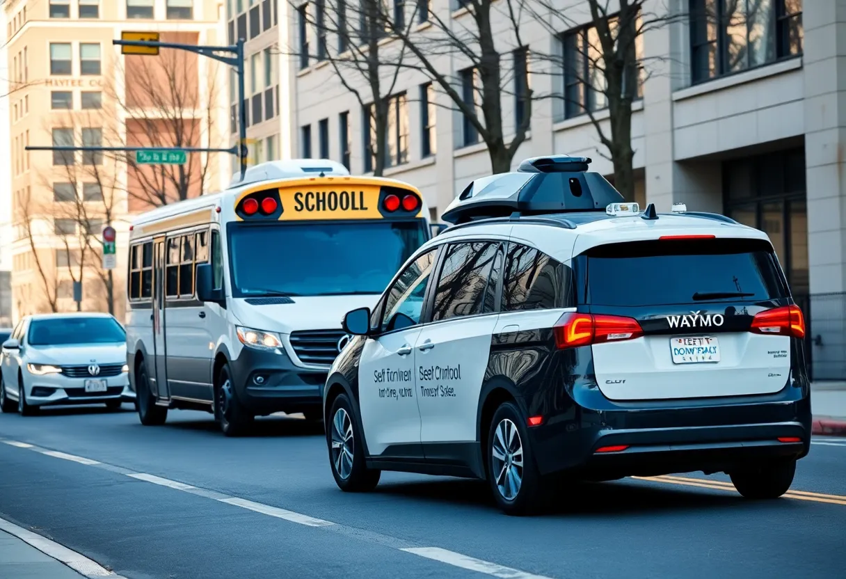 Waymo self-driving vehicle passing a stopped school bus with safety signage.