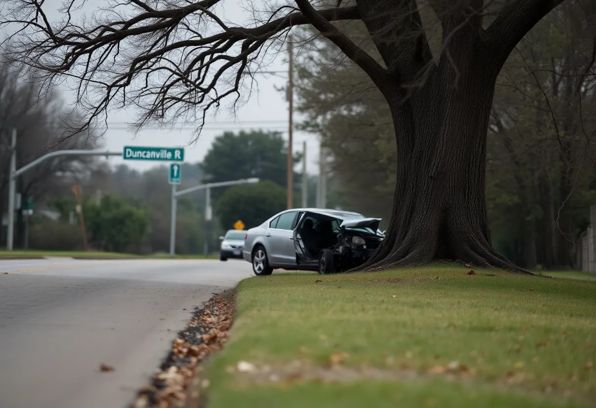 Damaged car near a tree after a tragic car crash in West Oak Cliff.