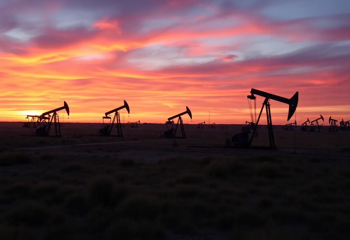 Landscape of West Texas oil fields at sunset related to the Landman series.