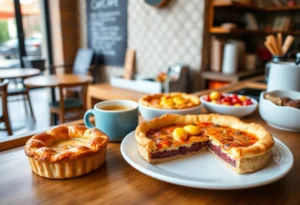 A selection of artisanal pies and coffee in a charming café setting.