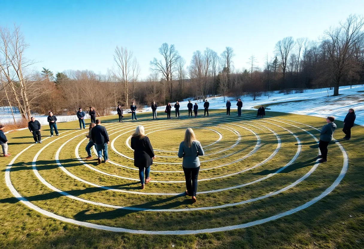 Participants walking in a labyrinth at Unity Church of Dallas during the Winter Solstice celebration.