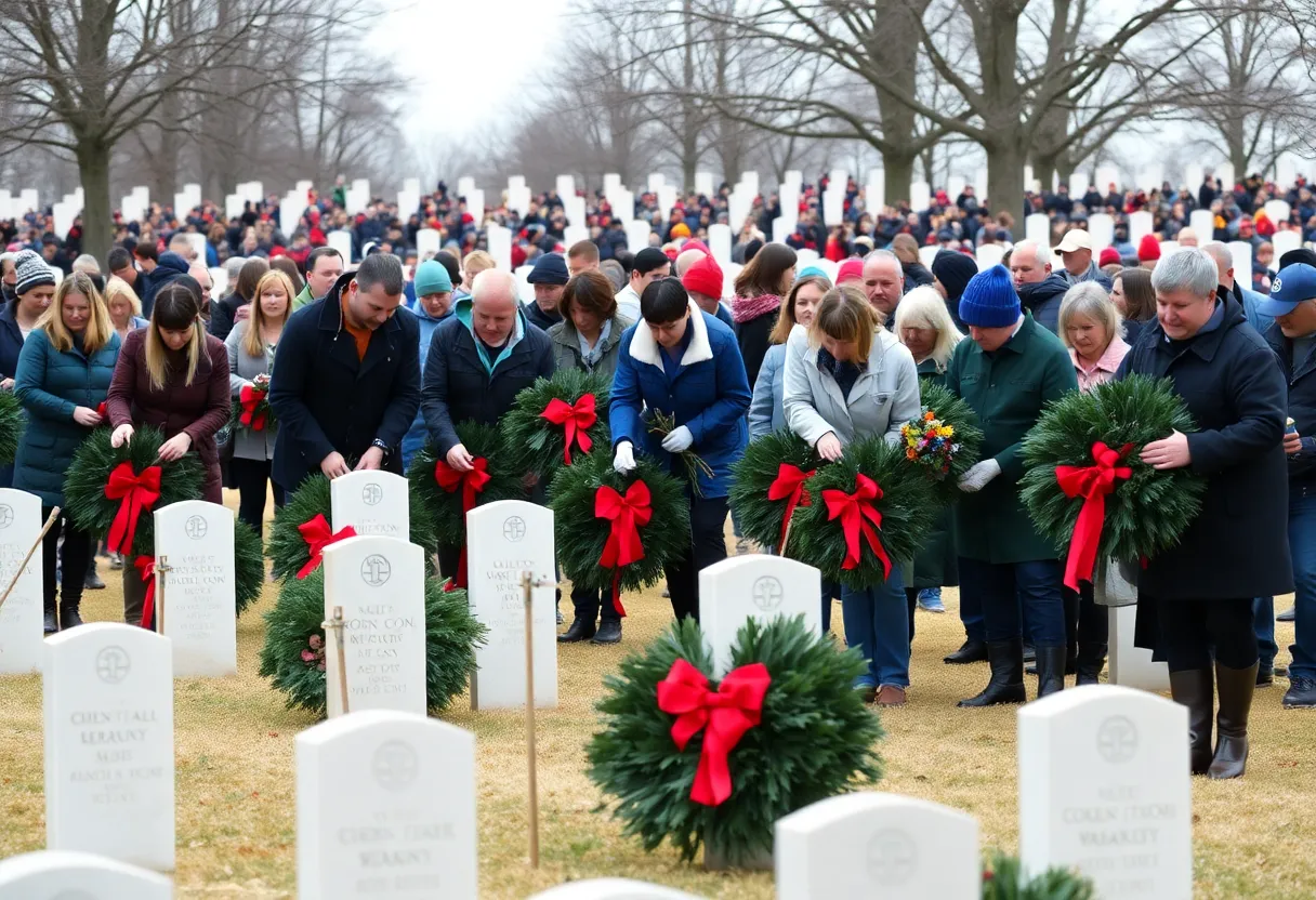 Volunteers laying wreaths at the Dallas-Fort Worth National Cemetery