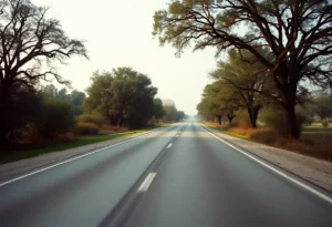 A vintage depiction of a Texas highway from the 1970s.