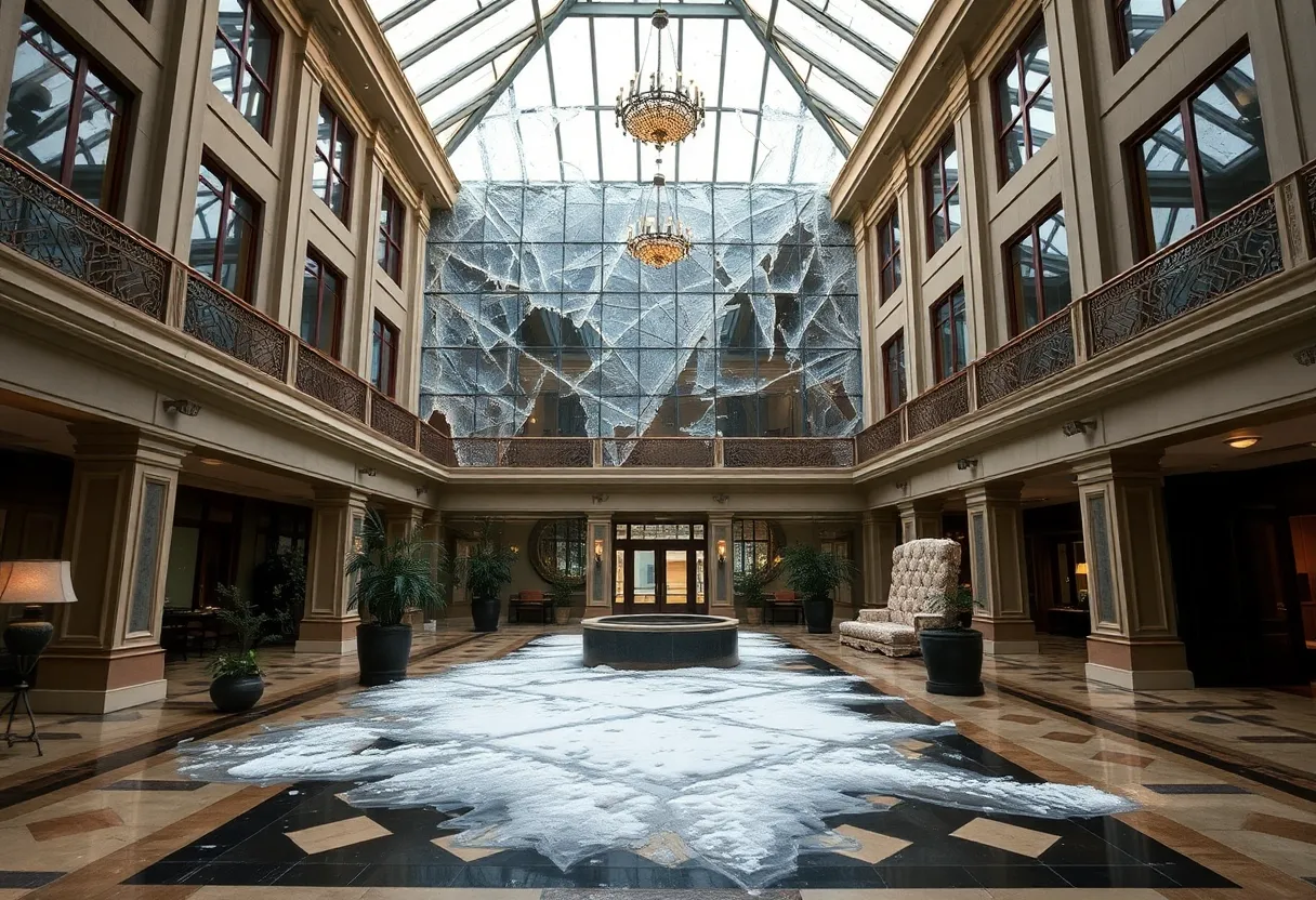 Damage to the glass atrium at The Adolphus Hotel