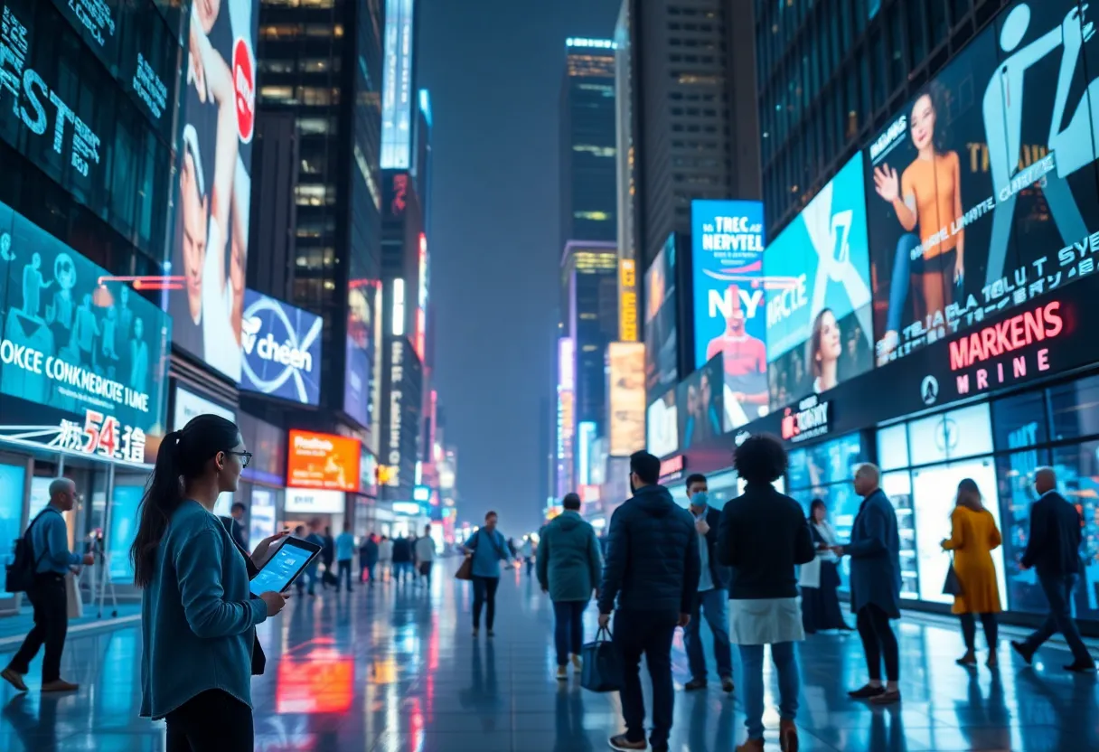 A visual representation of AI optimization in public relations with diverse professionals in a modern city.