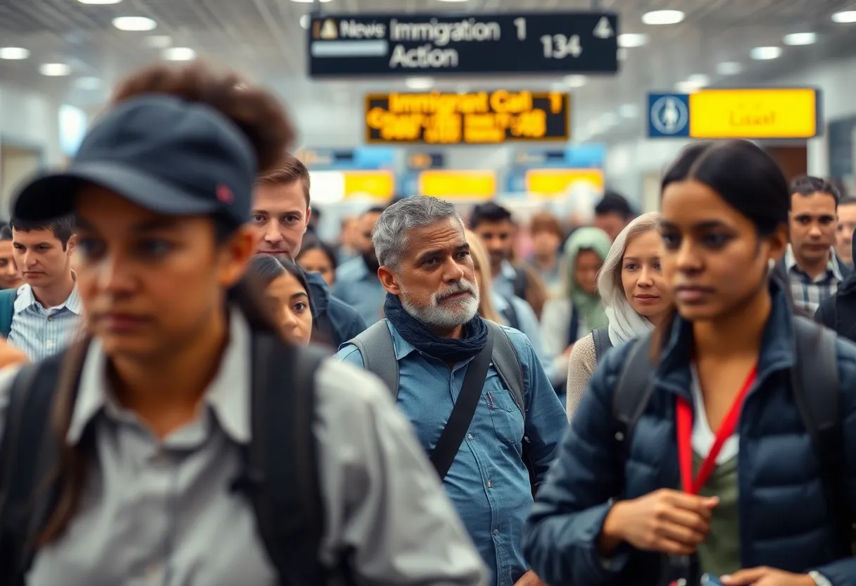 An airport scene showing travelers and immigration officials, capturing the emotional atmosphere around airport immigration processes.