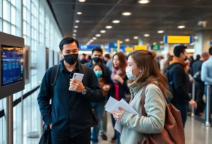 Travelers at an airport security checkpoint preparing for identity verification