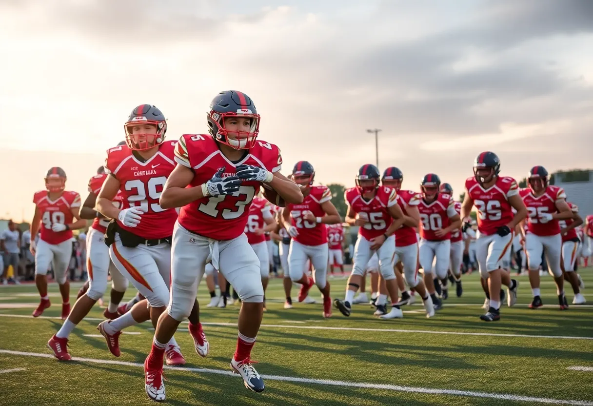 Allen High School football players in action on the field.