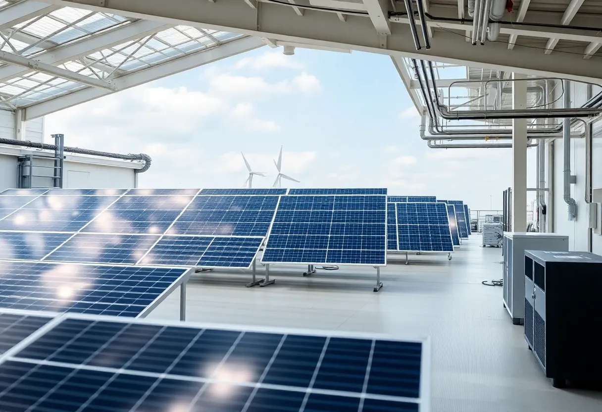 Illustration depicting renewable energy solutions and AI technology.