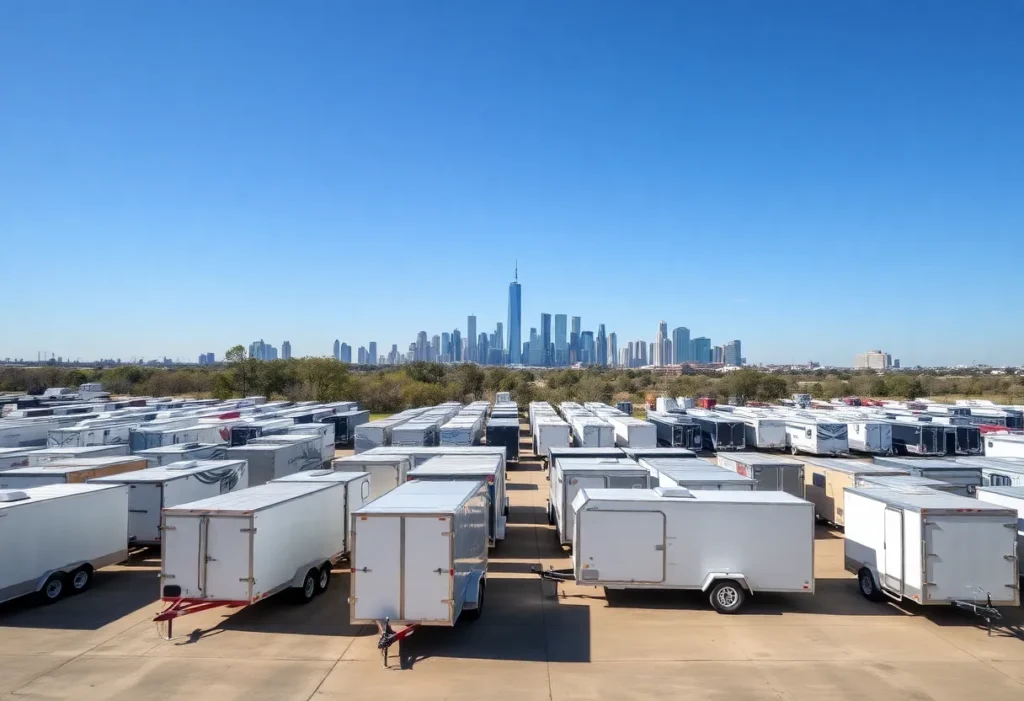 Fleet of rental trailers from AMD Trailer Rental in Dallas with city skyline