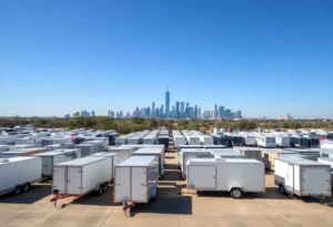 Fleet of rental trailers from AMD Trailer Rental in Dallas with city skyline